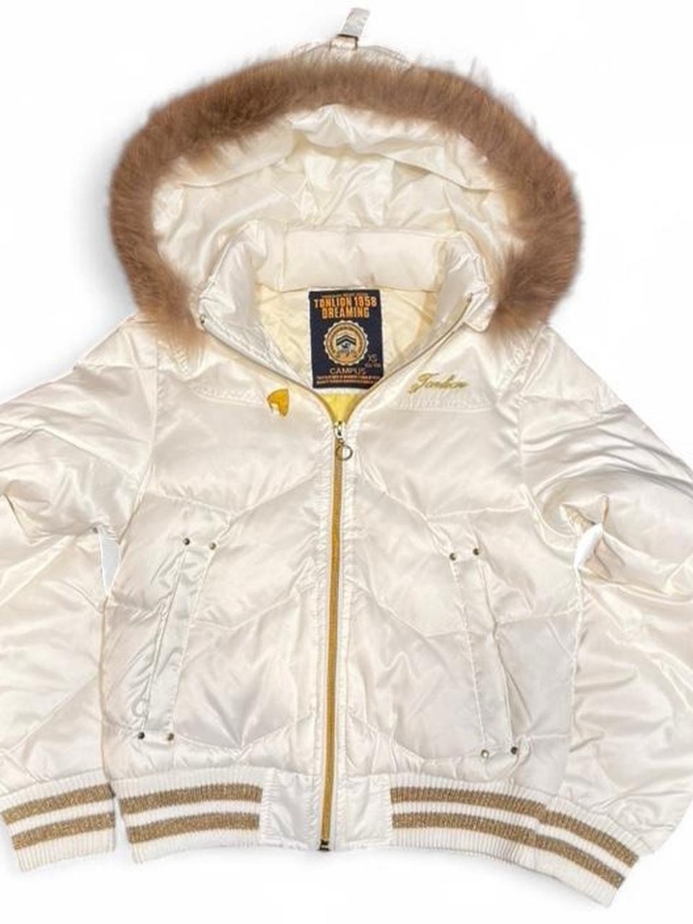 Y2K Tonlion Vintage Faux Fur Hooded Embroidered Striped Puffer Jacket